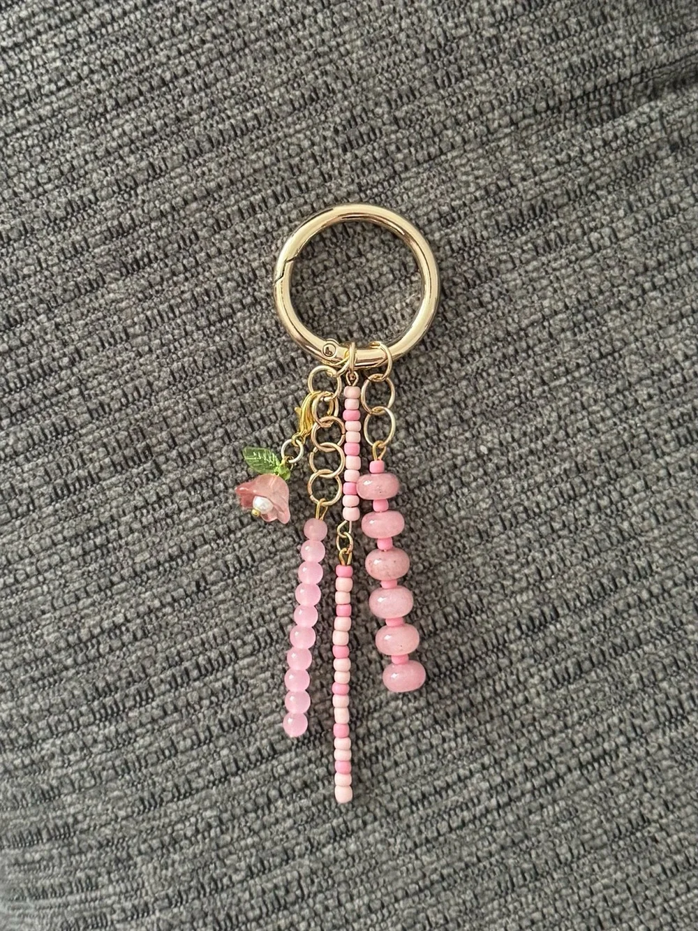 Pink & Gold Tone Hand Crafted Beaded Bag Charm Keychain with Flower Charm